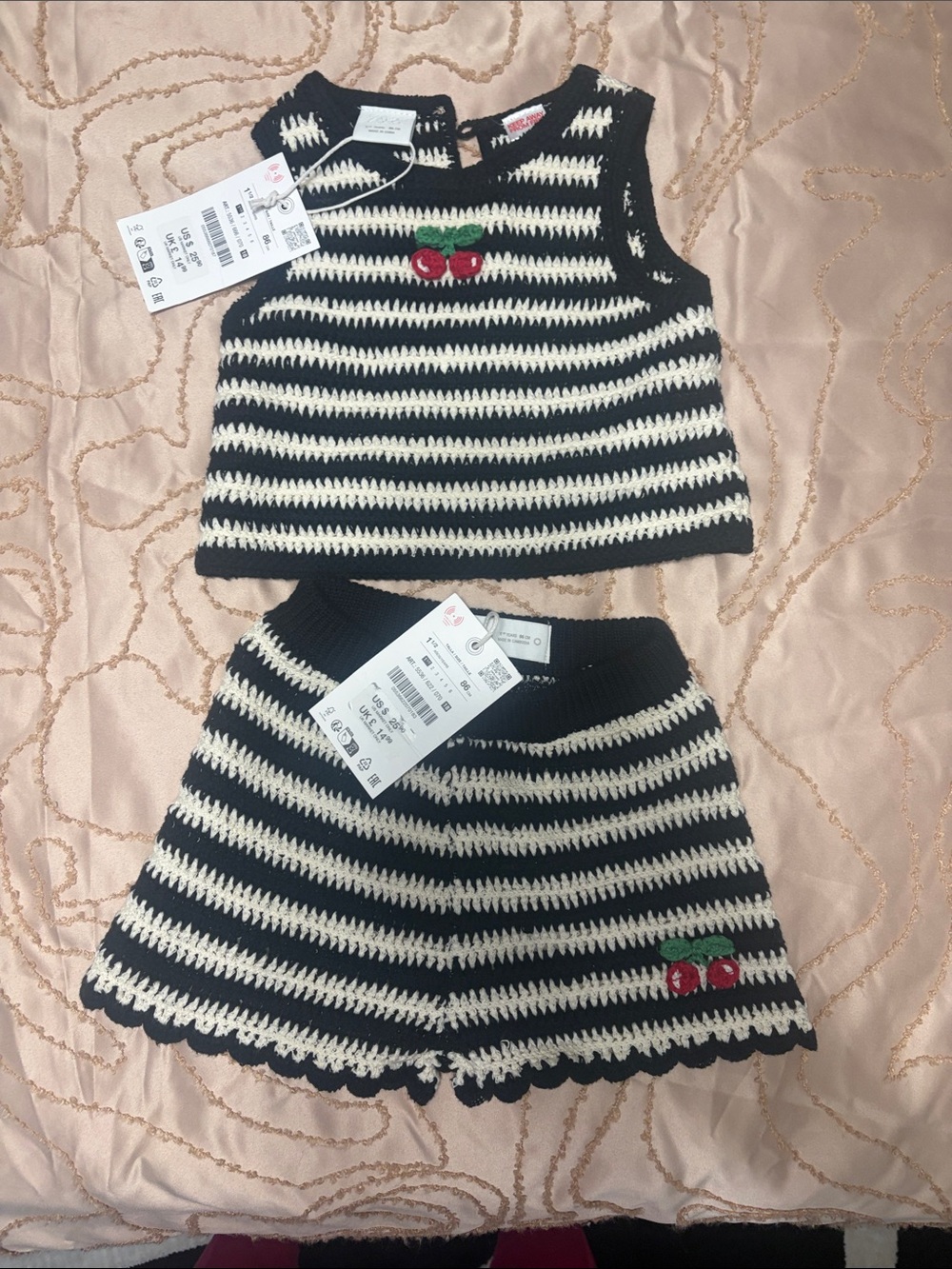 Black & White Striped Crochet Kids Tank Top and Shorts Set with Cherry zara